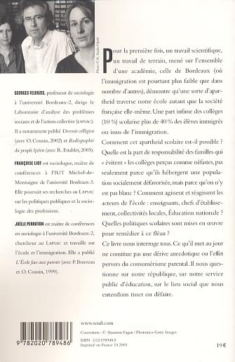 L' apartheid scolaire, par Georges Felouzis [4e de couverture]