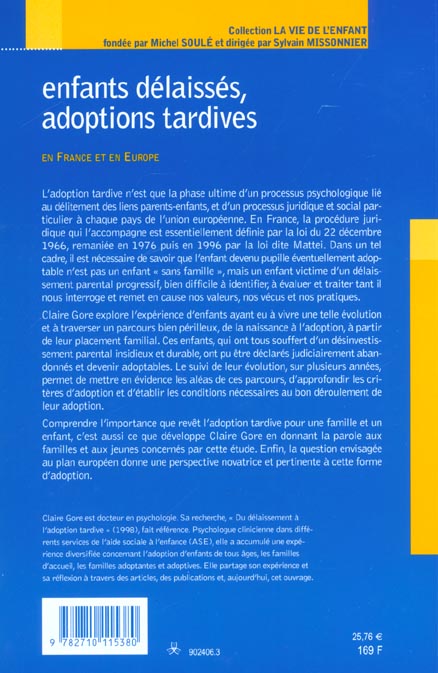 Enfants d�laiss�s, adoptions tardives, par Claire Gore [4e de couverture]