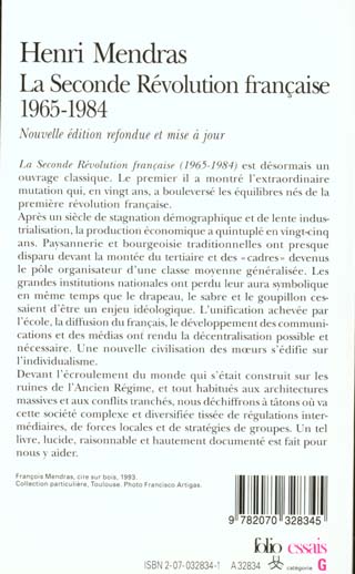 La seconde Révolution française (1965-1984), par Henri Mendras [4e de couverture]